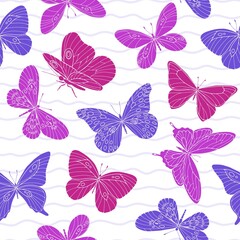 Seamless pattern with hand drawn purple, pink, lilac, fuchsia minimalistic butterflies and wavy lines on white. Perfect for textile, fabric, wallpaper, stationery, packaging, web backgrounds, wrapping