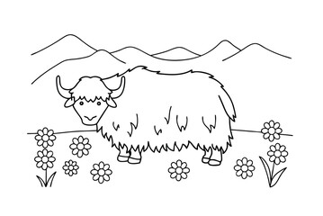 Cute Yak Coloring Page With Mountains And Flowers Line Art Illustration