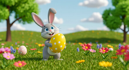 Obraz premium Happy cartoon bunny holds yellow Easter egg among colorful flowers and fluffy trees on a sunny day