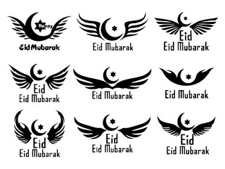 Fototapeta premium Collection of eid mubarak designs with crescent moon star and wings in black and white color silhouette