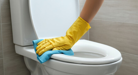 Hand wearing yellow glove cleans toilet with blue cloth in modern bathroom environment during daytime