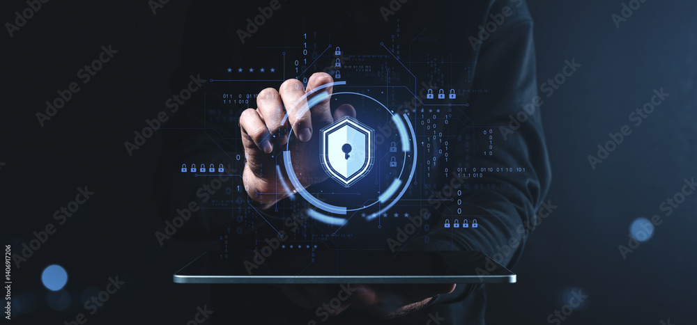 Aufkleber cybersecurity protection concept with digital padlock and user interaction screen.