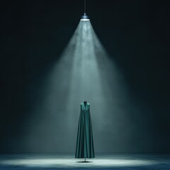 Dark teal satin gown on mannequin, overhead light and foggy ambiance, mysterious elegance