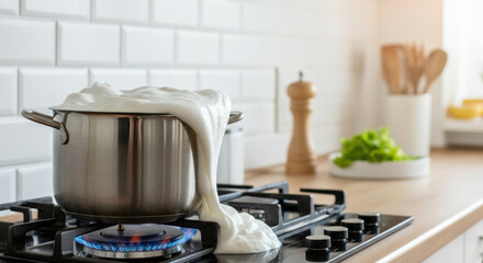 Cooking mishap with boiling milk overflowing from a pot on a gas stove in a bright kitchen