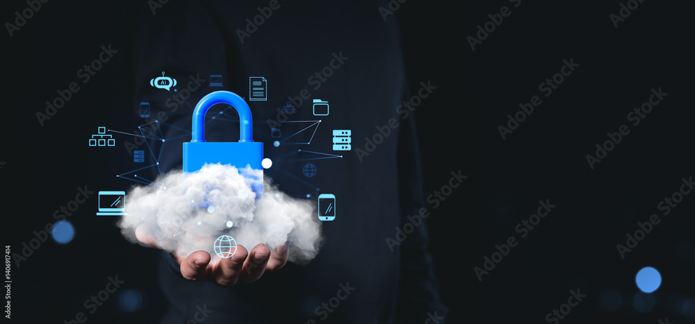Poster cloud security concept with padlock and data icons on dark background.