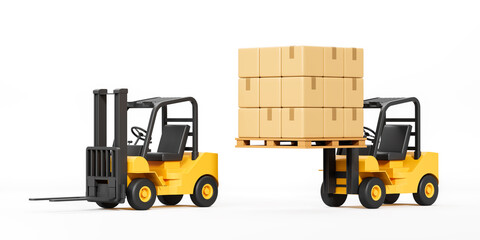 Two yellow forklifts lifting stacked cardboard boxes on wooden pallet in warehouse logistics concept isolated on white background. 3D Rendering