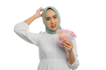 Beautiful young Asian woman in green hijab and white blouse holding money and scratching her head with confused expression isolated on transparent background