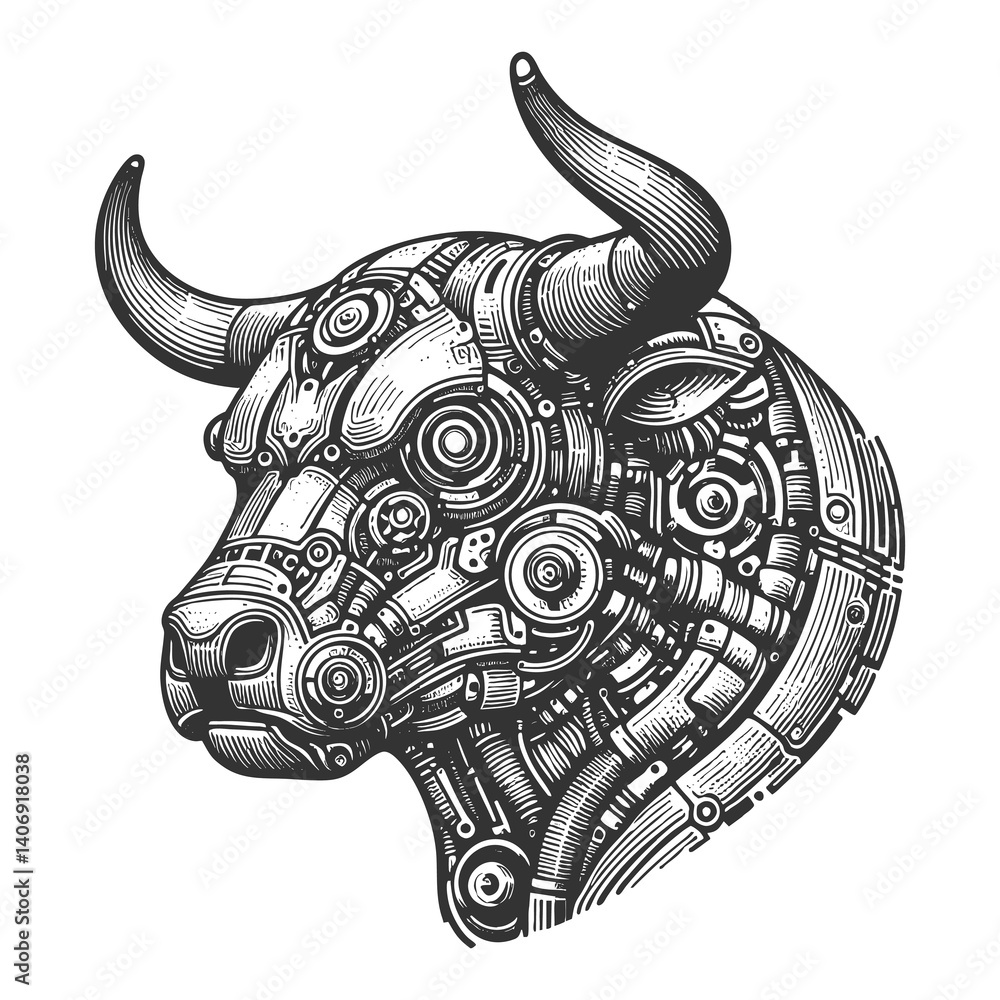 Poster cybernetic bull with mechanical components, gears, and futuristic robotic details in steampunk style