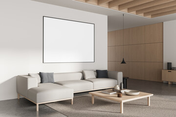 Modern interior with blank poster mockup above minimalist sofa in stylish living room with wooden accents and clean neutral-toned furniture layout. 3D Rendering