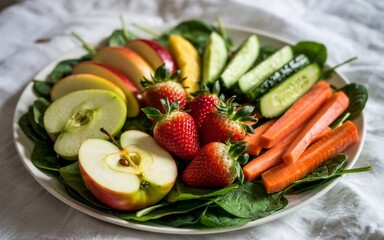 The image showcases a bright, clean, and appetizing white plate adorned with fresh fruits and vegetables, including apples, strawberries, cucumbers, carrots, and leafy greens.