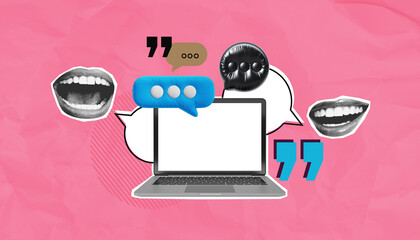 Laptop with speech bubbles and mouths on pink background in collage style.