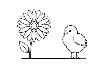 Simple Line Art Of Chick And Sunflower Black And White Illustration