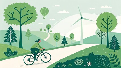 Green energy reduce carbon emissions and makes earth cleaner and more ecological, minimal vector poster with one happy person biking on a clean road