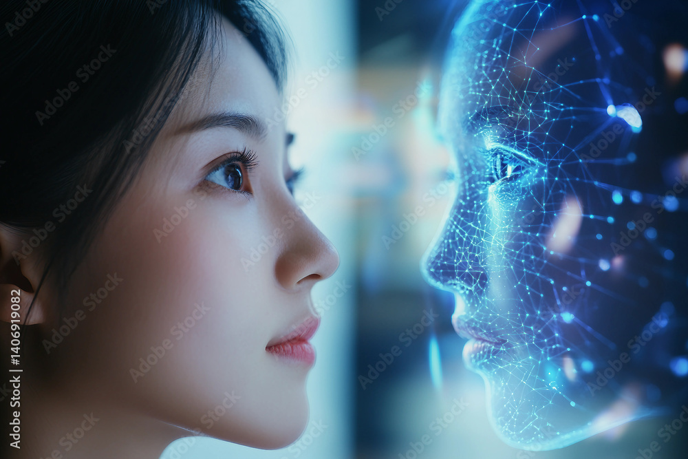 Poster futuristic robot receptionist providing advanced customer service in high-tech hotel reception area,