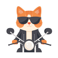 Cool cat in leather jacket and sunglasses riding a mini motorcycle, American biker style