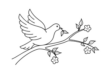 Dove With Olive Branch On Flowering Branch Line Art Illustration