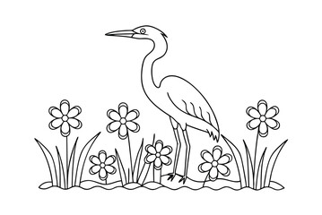 Heron Bird In Flower Meadow Black And White Vector Illustration