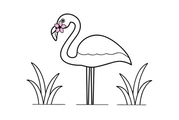 Flamingo Outline With Pink Flower And Grass Simple Line Art Design