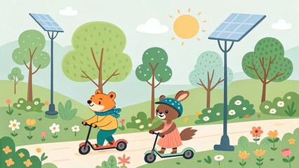 Fototapeta premium Green energy reduce carbon emissions and makes earth cleaner and more ecological, vector of happy cartoon animals riding electric scooters and bikes in a green park with solar-powered streetlights