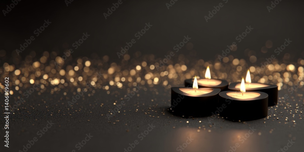 Poster elegant 3d heart candles glowing on matte black table with sparkles