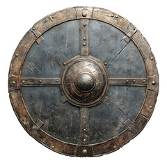 Naklejka premium Aged round metal shield with central boss, riveted frame, and battle-worn patina, ideal for medieval or fantasy scenes.
