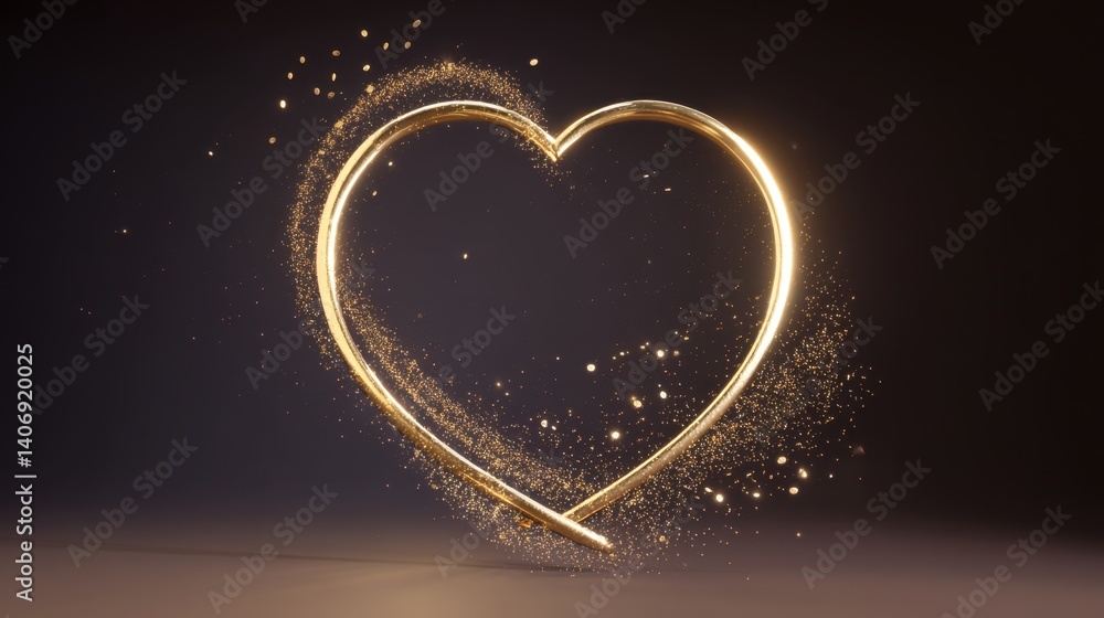 Poster floating gold heart frame with soft glow and particle effects
