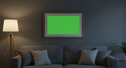 Cozy interior view featuring a sofa, lamp, and framed green screen canvas