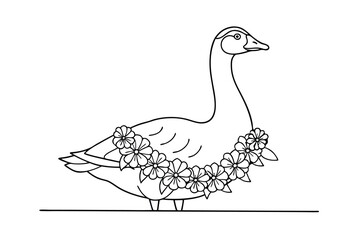 Elegant Goose Wearing A Flower Garland Vector Illustration Line Art Style Design