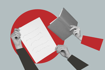 Pop zine full art photo collage of hands hold paper sheet contract signature deal notepad to-do list planning education memo