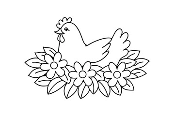 Cute Hen Nesting On Floral Bed Hand Drawn Black And White Outline