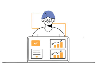 Vector cartoon businessman character holding a clipboard with business icons