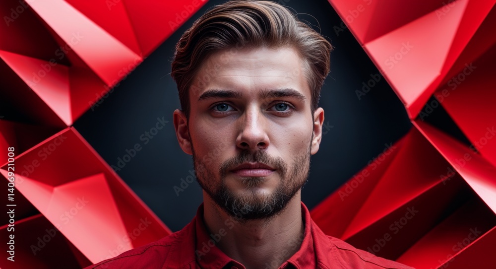Poster caucasian man on red theme high tech geometric flow background design template banner with copy spac