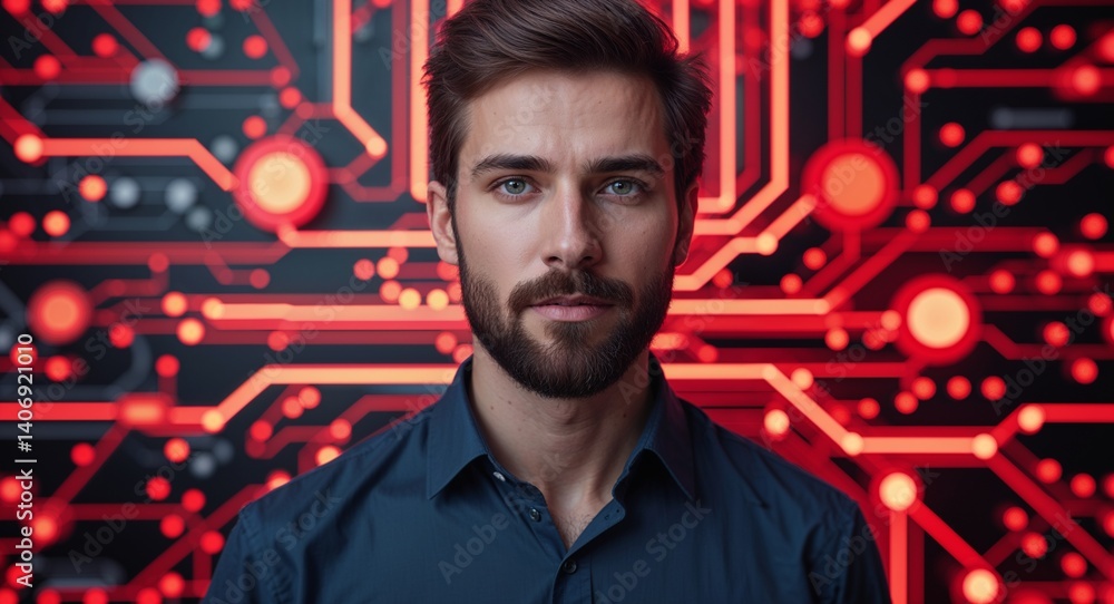 Poster caucasian man on red theme digital network circuit background design template banner with copy space