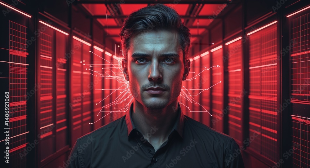 Aufkleber caucasian man on red theme neural system grid background design template banner with copy space