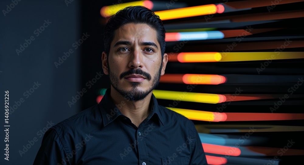 Poster hispanic man on black theme virtual signal layers background design template banner with copy space