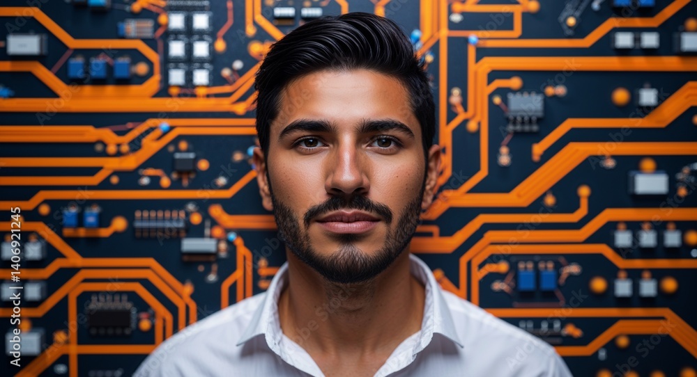 Aufkleber hispanic man on orange theme digital network circuit background design template banner with copy spa