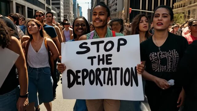 Crowd marches for immigration reform and human rights in downtown city
