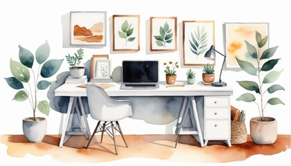 Fototapeta premium Modern workspace featuring a stylish desk with a laptop surrounded by lush green plants for a productive atmosphere