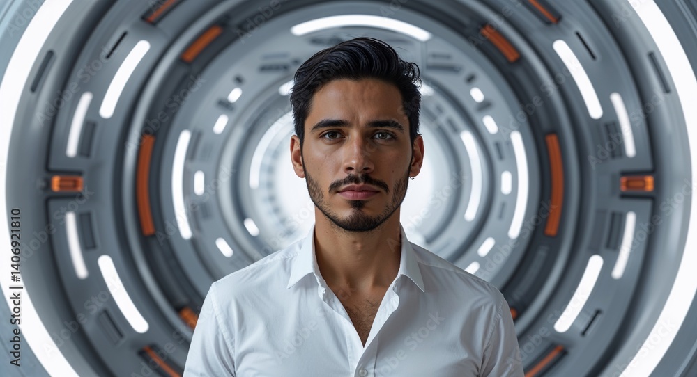 Aufkleber hispanic man on white theme futuristic technology pattern background design template banner with cop