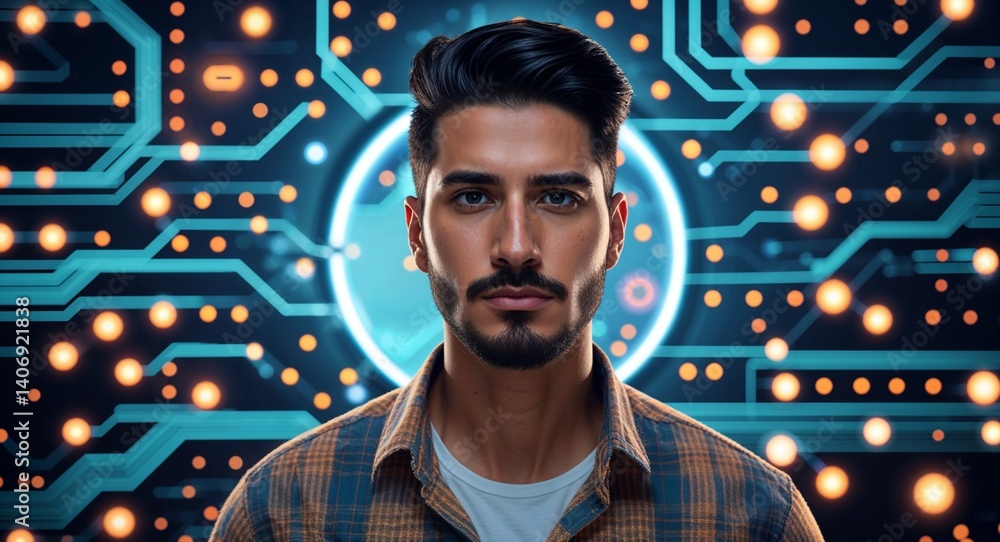 Poster Hispanic man on white theme glowing tech circuit background design template banner with copy space