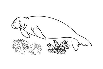 Simple Vector Illustration Of A Manatee With Seaweed On A White Background