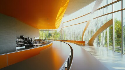 Modern cafe interior, curved design, sunlit windows, forest view, architectural design