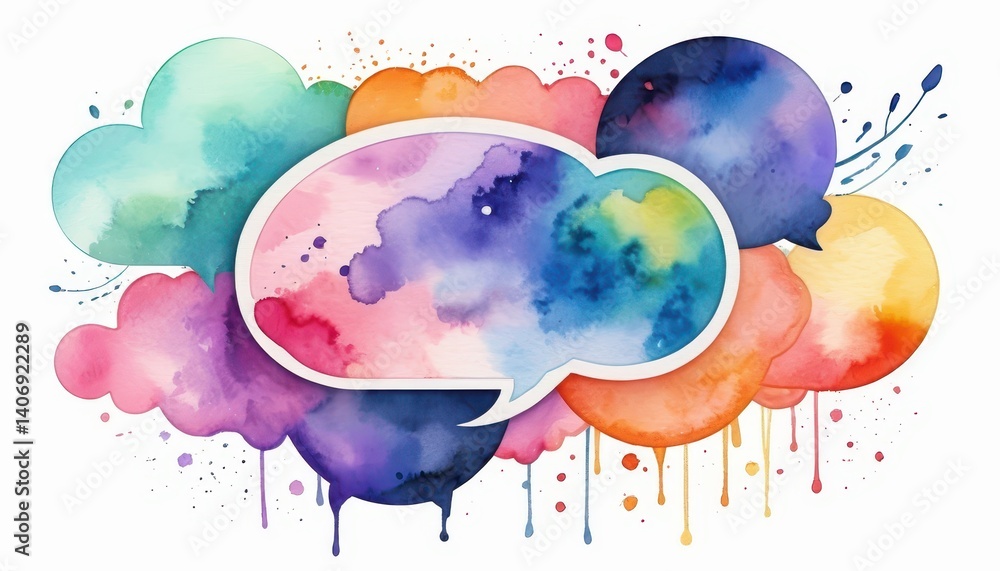 Poster colorful watercolor paint splatters inside a speech bubble representing communication and creative e