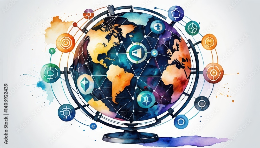 Poster globe surrounded by colorful social media icons depicting global connectivity and communication acro
