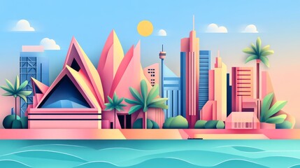 Fototapeta premium Stylized illustration of a tropical cityscape with iconic architecture