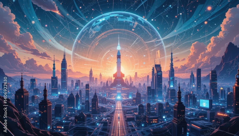 Poster majestic futuristic city with innovative architecture and dynamic skyscrapers set against a beautifu