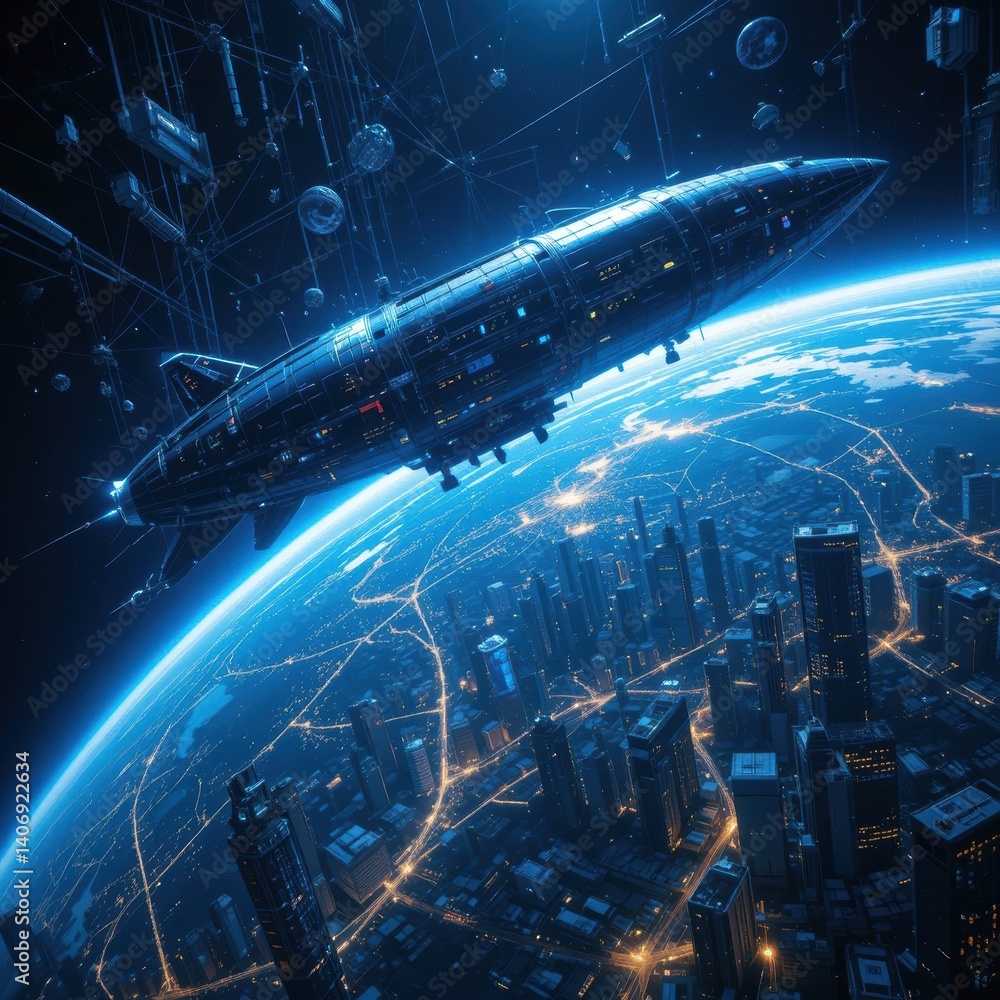 Aufkleber a futuristic spaceship flying over a modern cityscape, symbolizing advanced technology and explorati