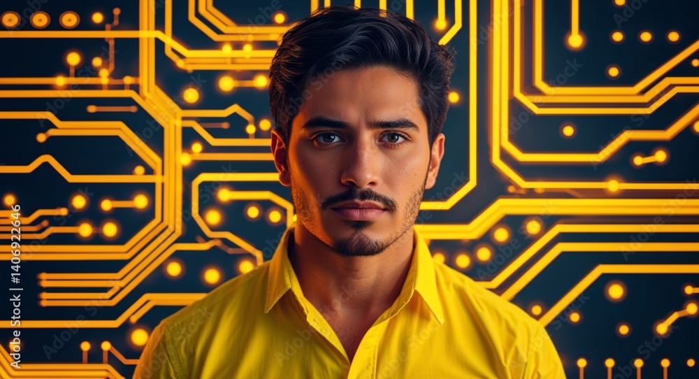 Poster hispanic man on yellow theme glowing tech circuit background design template banner with copy space