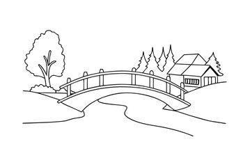 Line Art Landscape With Bridge River Cottage And Trees Illustration