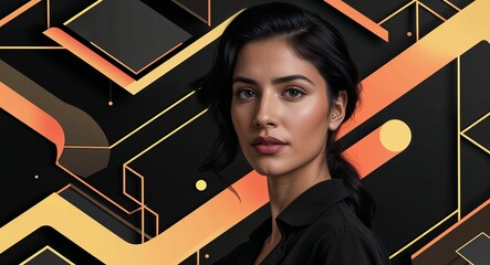 Hispanic woman on black theme high tech geometric flow background design template banner with copy space